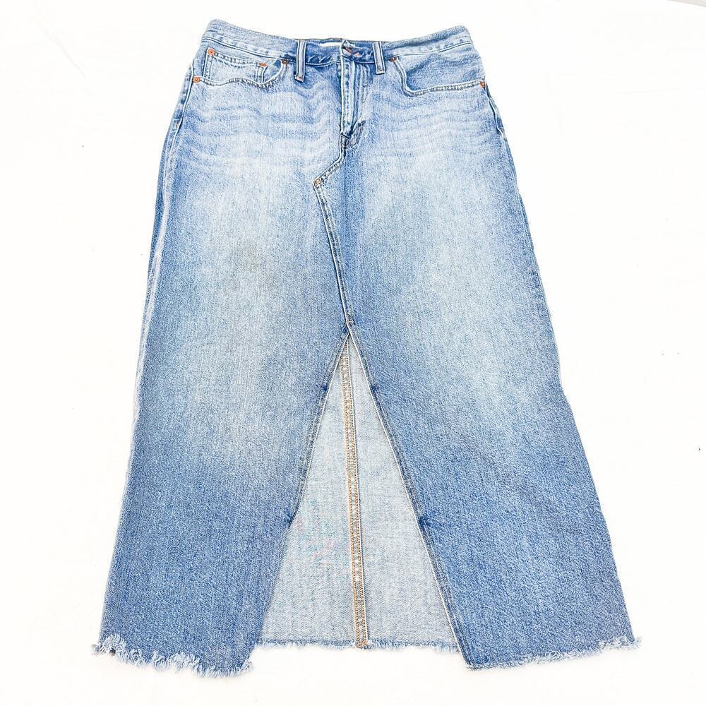 Madewell Rigid Denim Straight Pencil Long Skirt Front Slit Jean Raw Hem 30